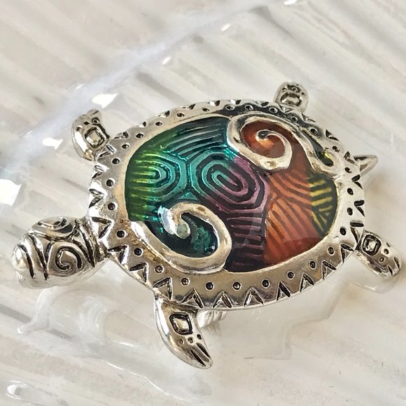 Silver Sea Turtle Brooch Pendant Necklace Pin Enamel Multicolor Rhodium Plated - Picture 3 of 10